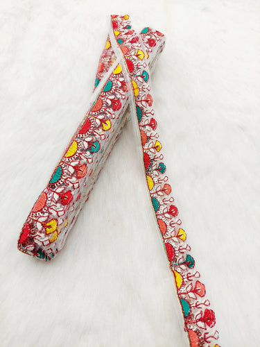 White Tissue Fabric Trim In Multicoloured Floral Embroidery With Matt Gold Sequins, Lace Trim By 9 Yards Indian Decorative Trim, Ribbon